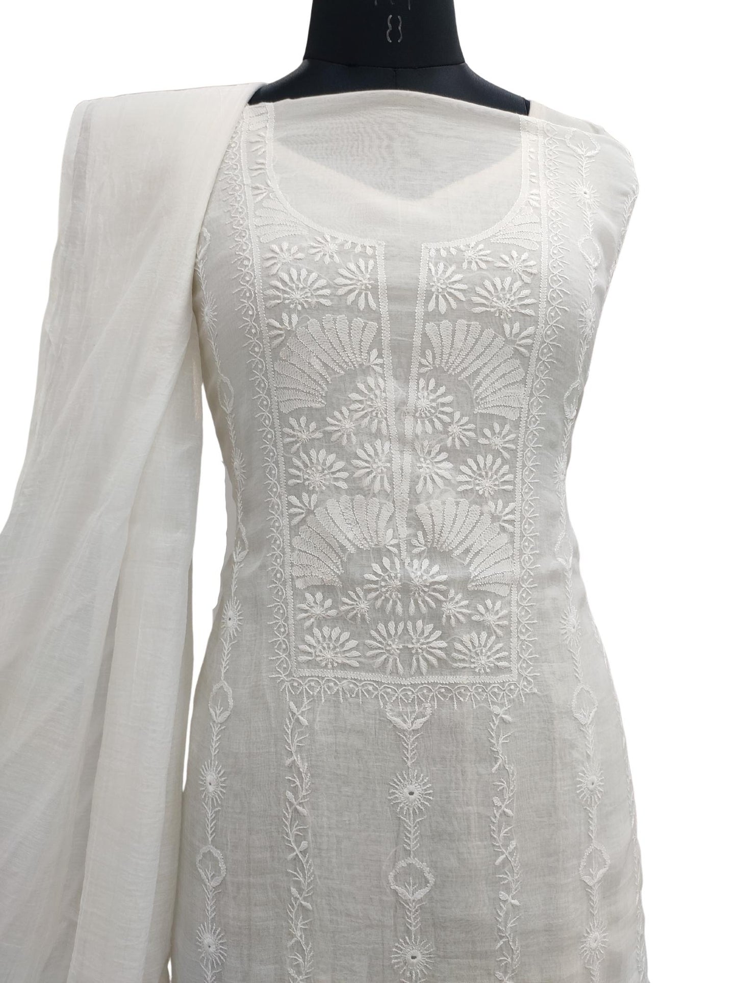 Shyamal Chikan Hand Embroidered White Mul Chanderi Lucknowi Chikankari Unstitched Embellised Suit Piece (Kurta Dupatta Set) - S20964