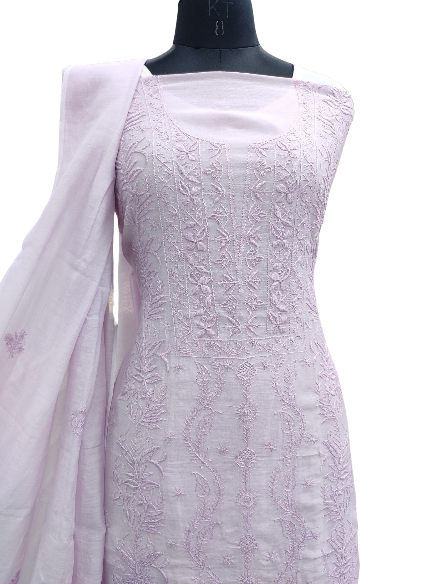 Shyamal Chikan Hand Embroidered Purple Mul Chanderi Lucknowi Chikankari Unstitched Suit Piece (Kurta Dupatta Set) - S23741