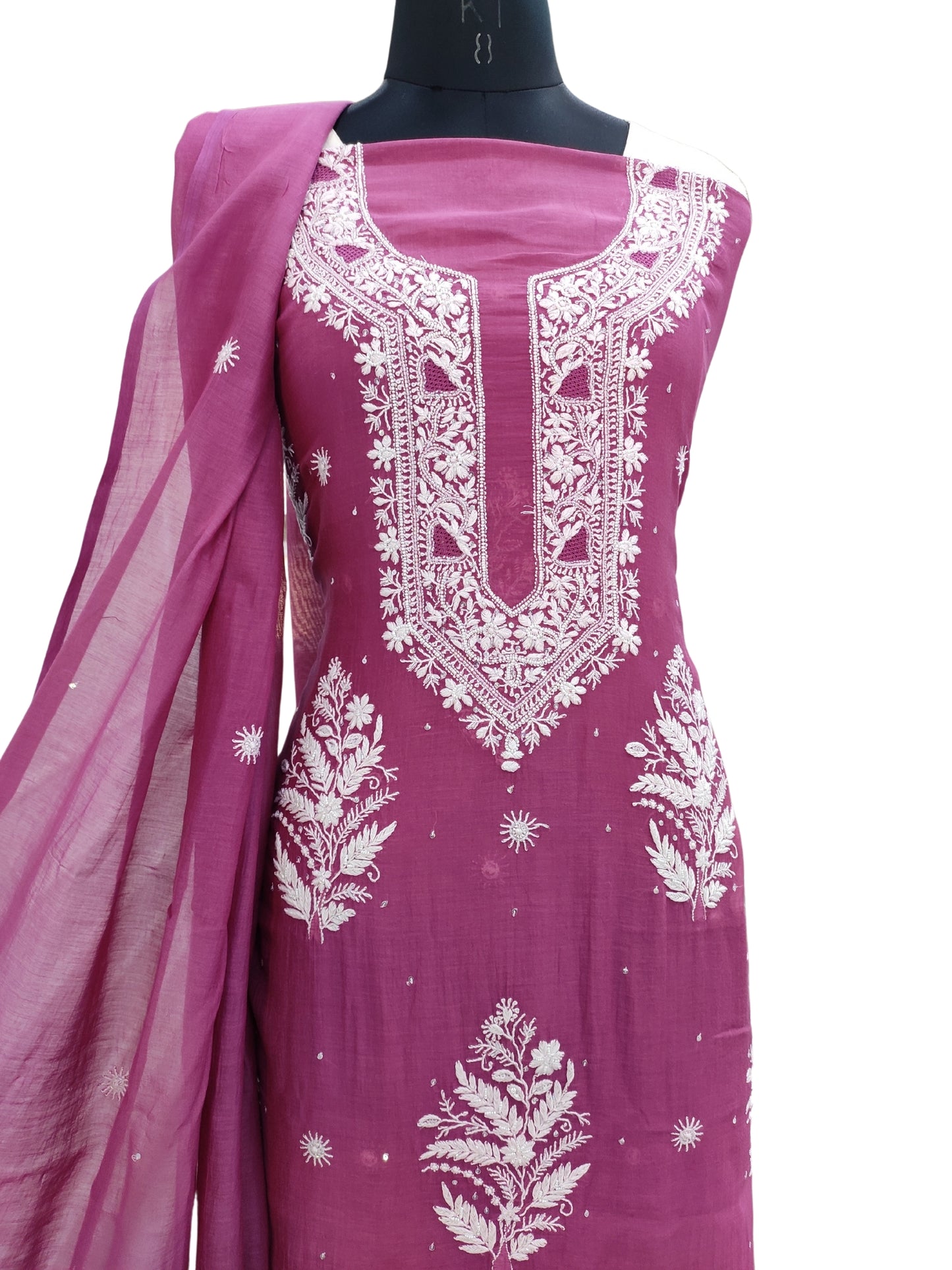 Shyamal Chikan Hand Embroidered Magenta Mul Chanderi Lucknowi Chikankari Unstitched Suit Piece with Cutdana & Sequin Work (Kurta Dupatta Set) - S24424