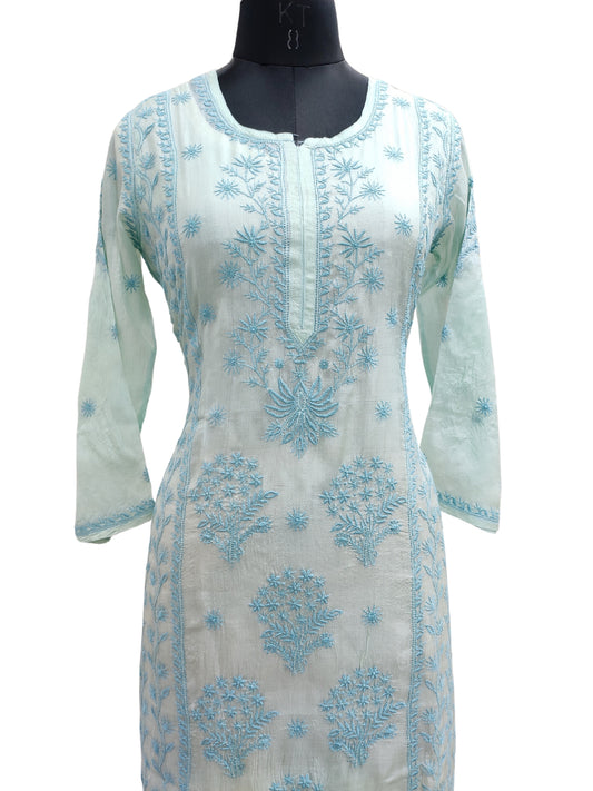 Shyamal Chikan Hand Embroidered Blue Pure Tusser Silk Lucknowi Chikankari Kurti- S27017