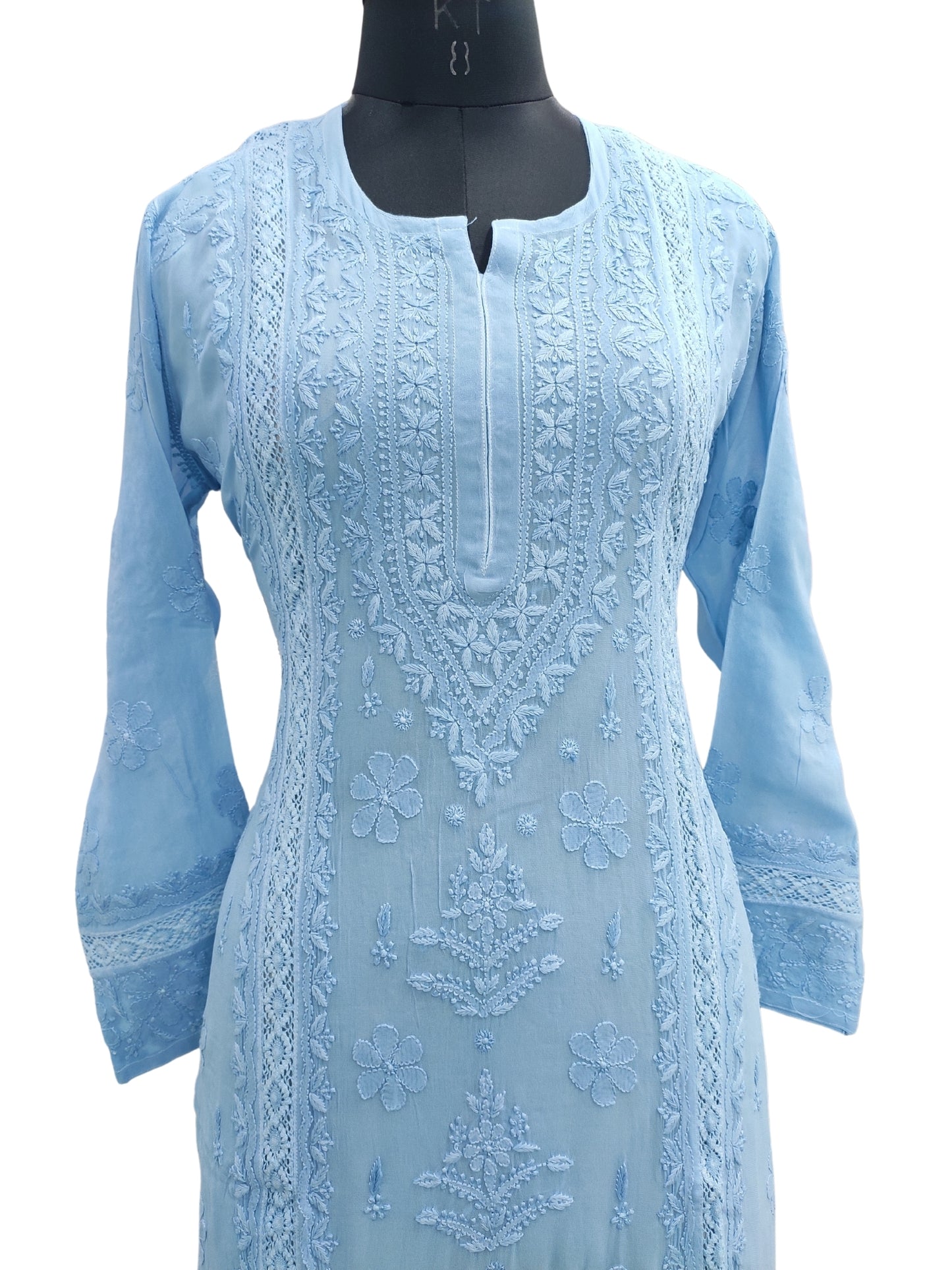 Shyamal Chikan Hand Embroidered Blue Viscose Georgette Lucknowi Chikankari Kurti With Crosia Work  - 23852