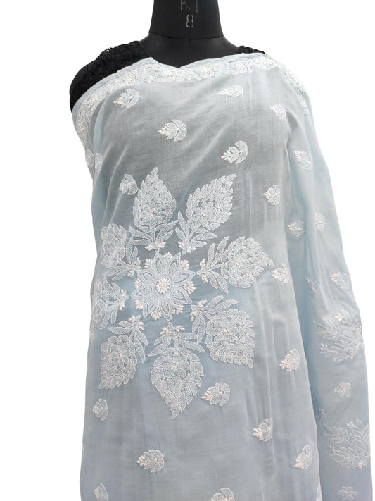 Shyamal Chikan Hand Embroidered Blue Cotton Lucknowi Chikankari Saree With Blouse Piece- S18276