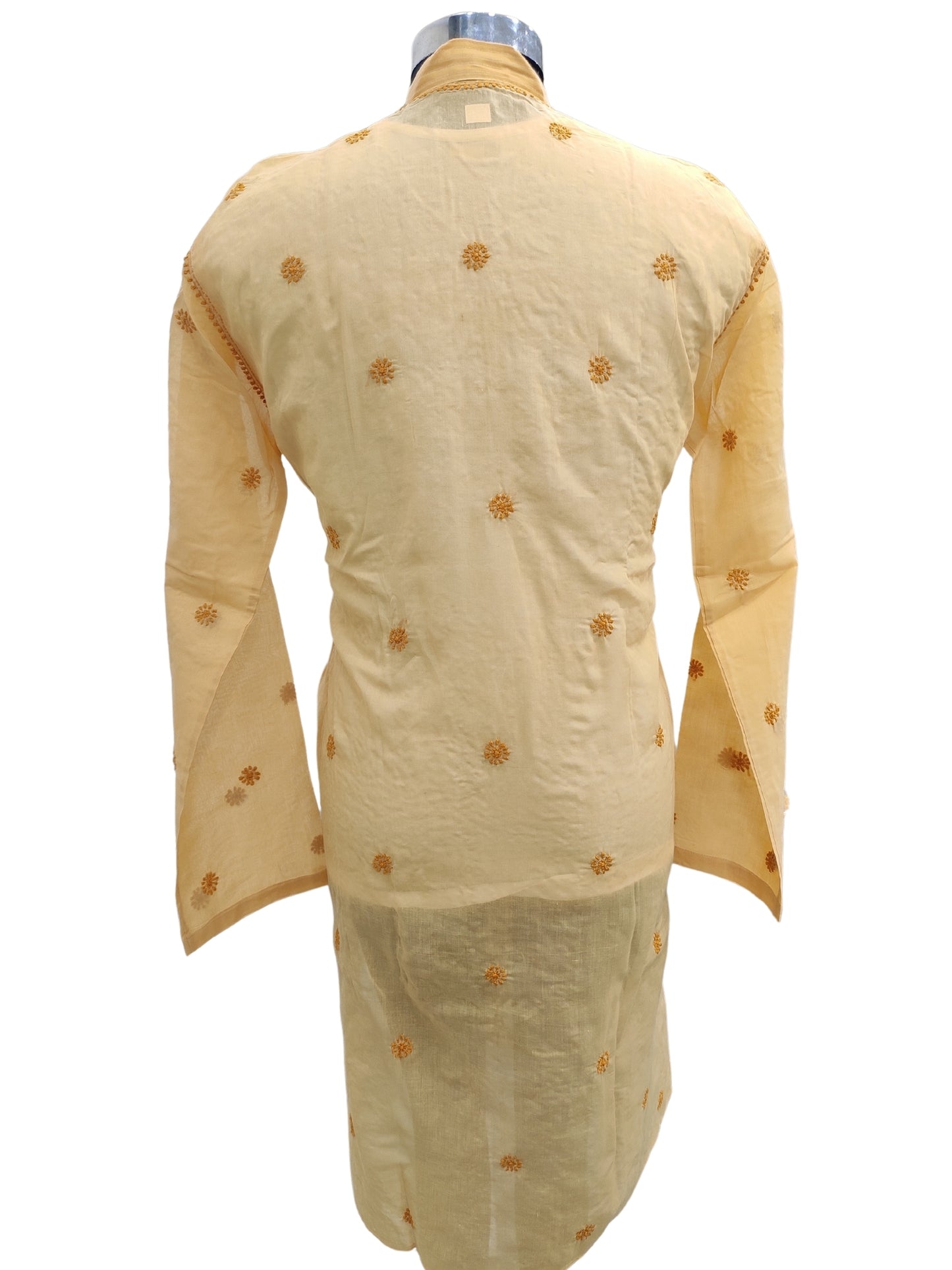 Shyamal Chikan Hand Embroidered Yellow Cotton Lucknowi Chikankari Men's Kurta With Daraz Work S23448