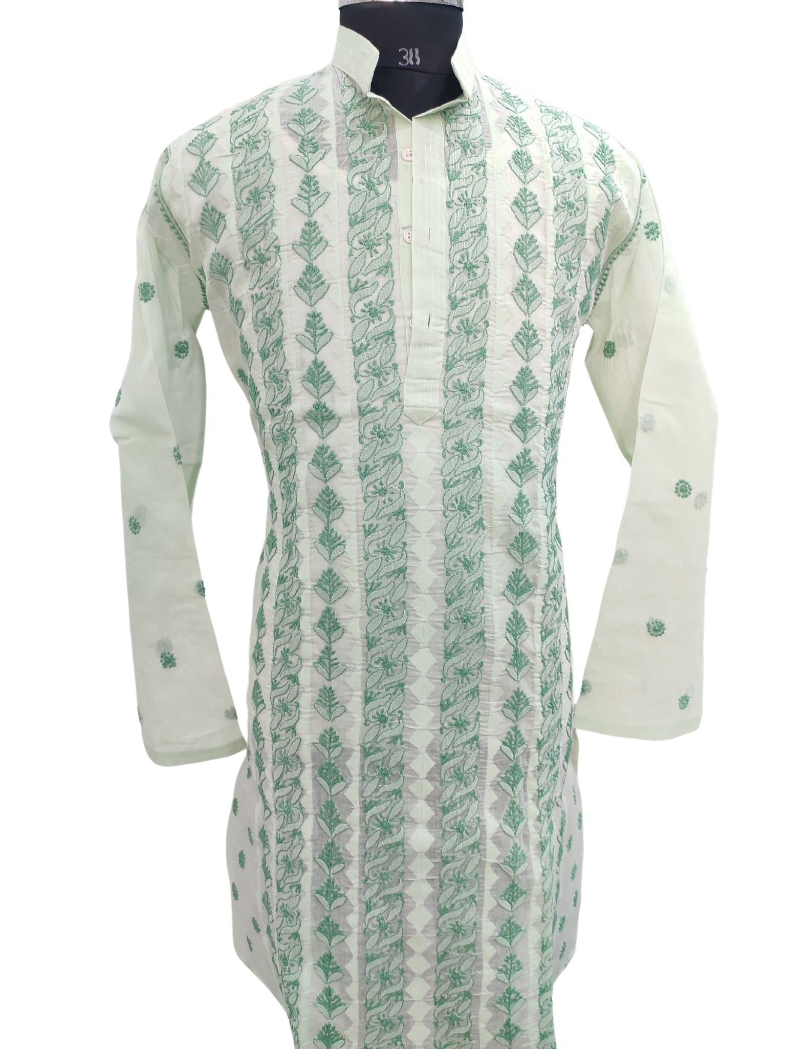 Shyamal Chikan Hand Embroidered Green Cotton Lucknowi Chikankari Men's Kurta With Daraz Work S23453