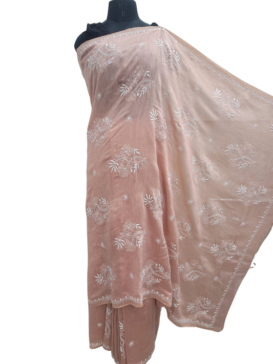 Shyamal Chikan Hand Embroidered Peach Pure Lenin Lucknowi Chikankari Saree With Blouse Piece- S24059