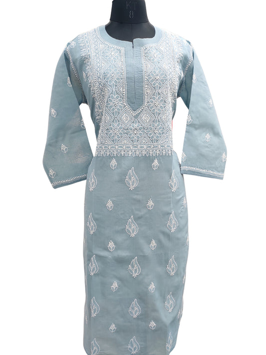 Shyamal Chikan Hand Embroidered Grey Cotton Lucknowi Chikankari Kurti- 24079