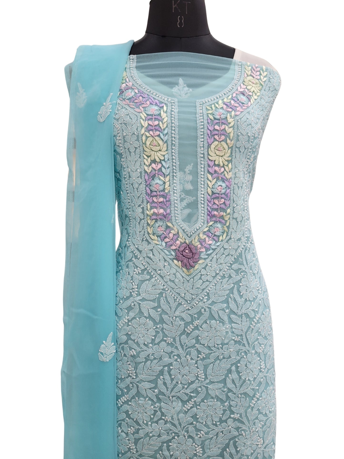 Shyamal Chikan Hand Embroidered Blue Georgette Lucknowi Chikankari Unstitched Suit Piece With Parsi Work - S24391