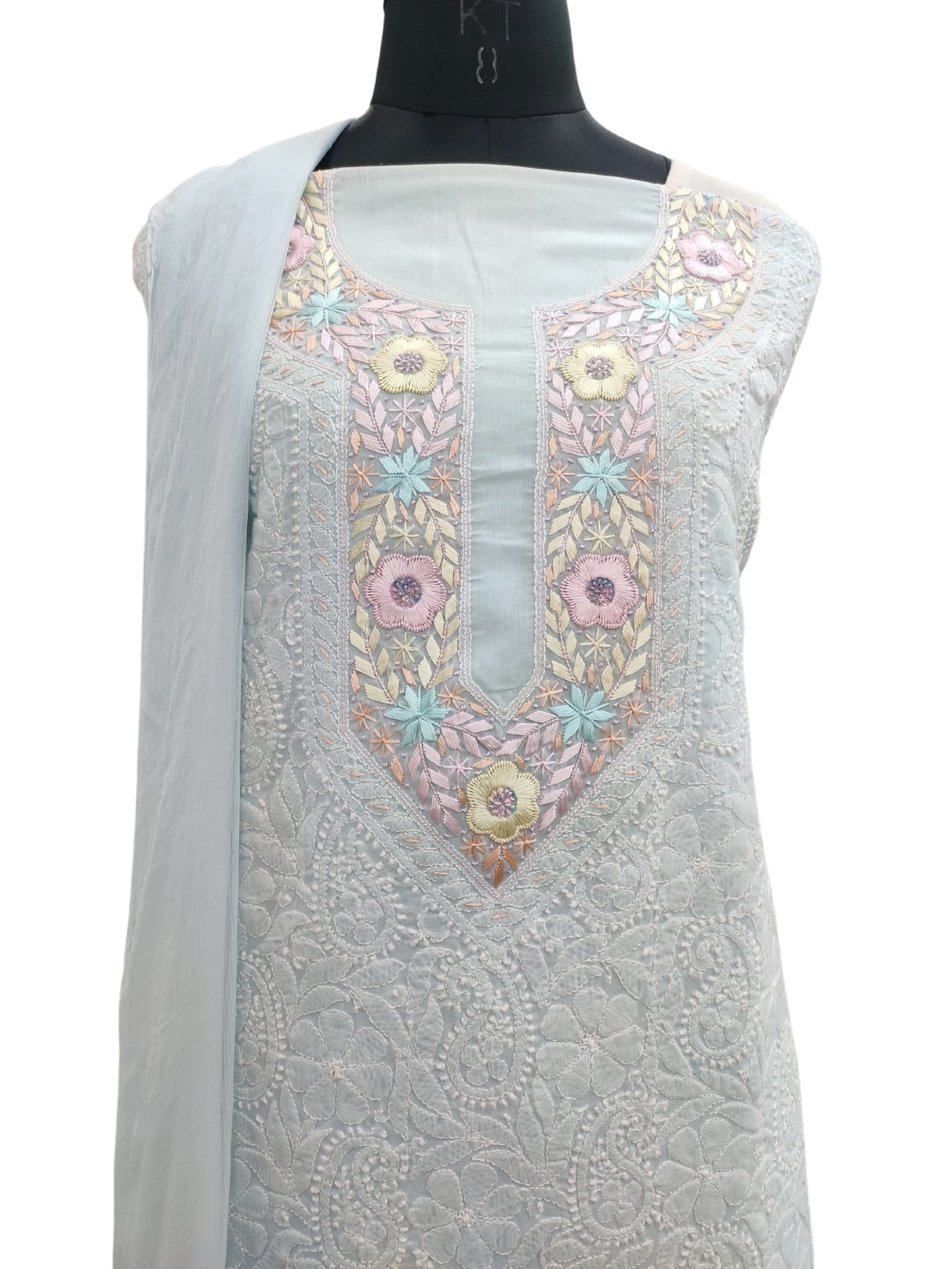 Shyamal Chikan Hand Embroidered Blue Cotton Lucknowi Chikankari Unstitched Suit Piece With Parsi Work - S21502