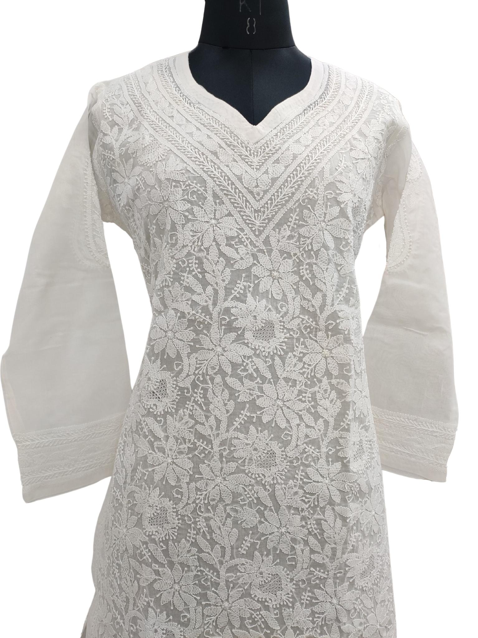 Samma Chikankari Long Kurti In Cotton for Women- White With Black - House  Of Kari (Chikankari Clothing)