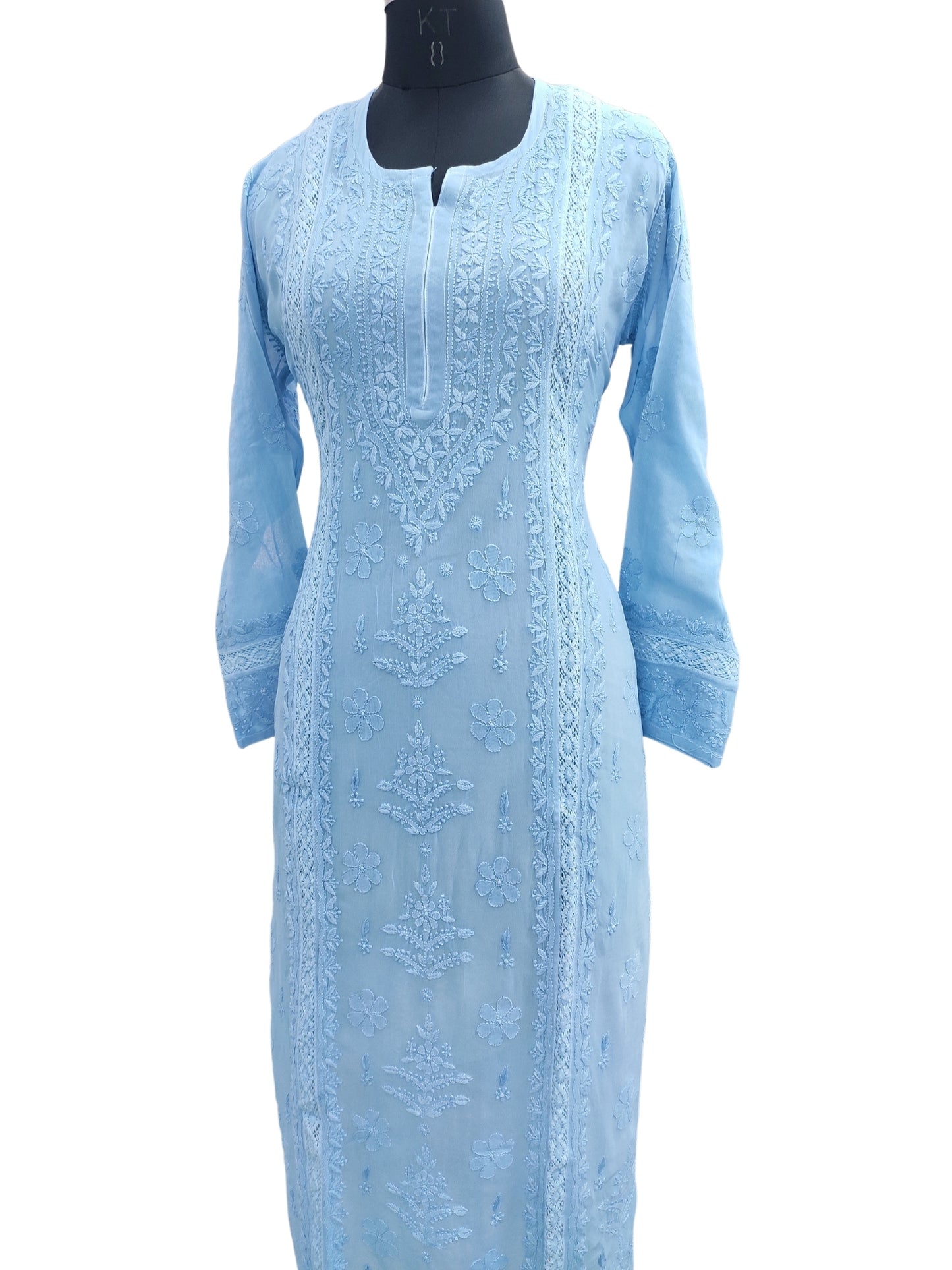 Shyamal Chikan Hand Embroidered Blue Viscose Georgette Lucknowi Chikankari Kurti With Crosia Work  - 23852