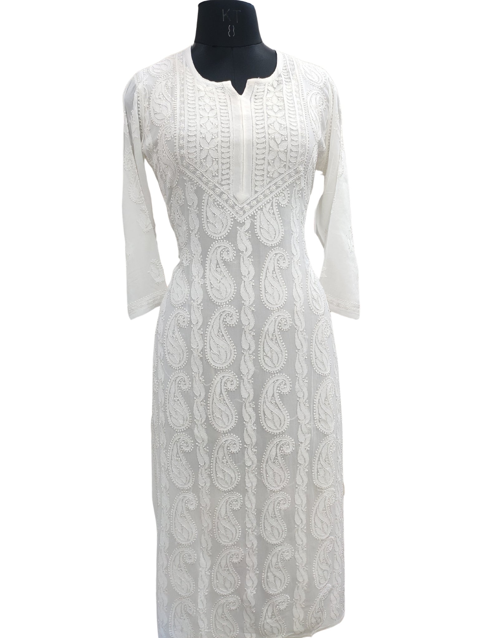 Shyamal Chikan Hand Embroidered White Viscose Georgette Lucknowi Chikankari Kurti - S24274