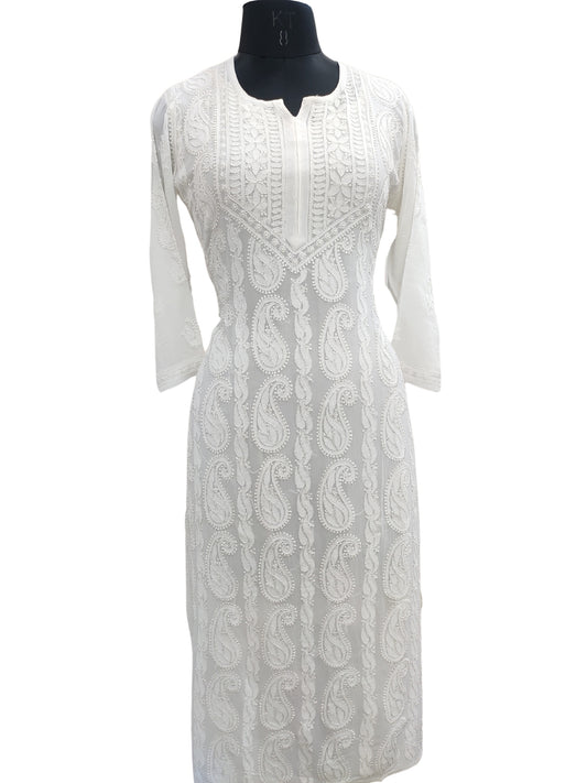 Shyamal Chikan Hand Embroidered White Viscose Georgette Lucknowi Chikankari Kurti - S24274