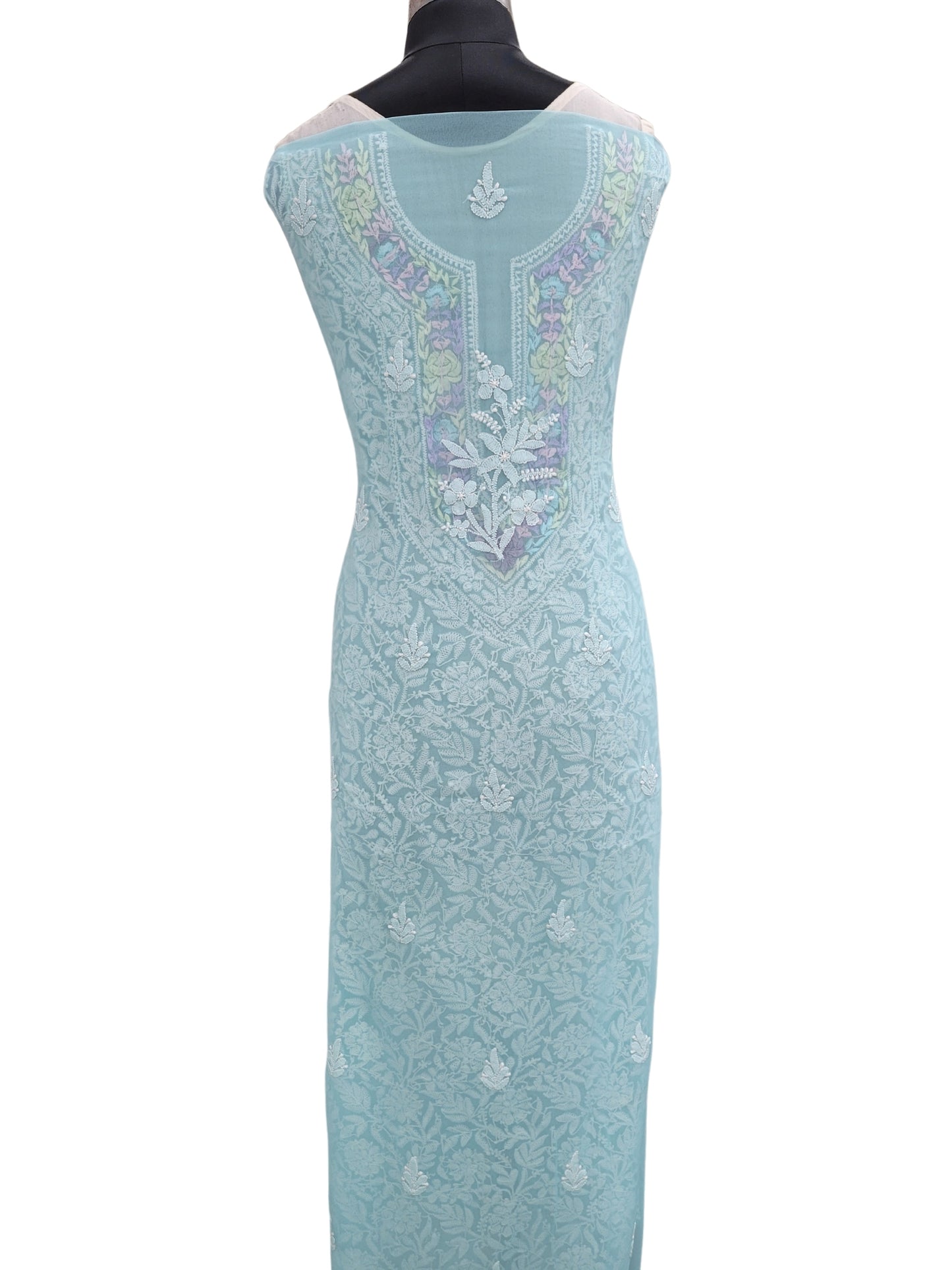 Shyamal Chikan Hand Embroidered Blue Georgette Lucknowi Chikankari Unstitched Suit Piece With Parsi Work - S24391