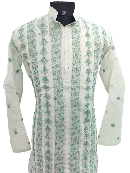 Shyamal Chikan Hand Embroidered Green Cotton Lucknowi Chikankari Men's Kurta With Daraz Work S23453