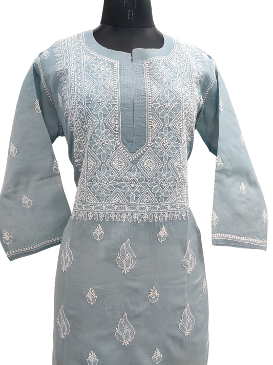 Shyamal Chikan Hand Embroidered Grey Cotton Lucknowi Chikankari Kurti- 24079