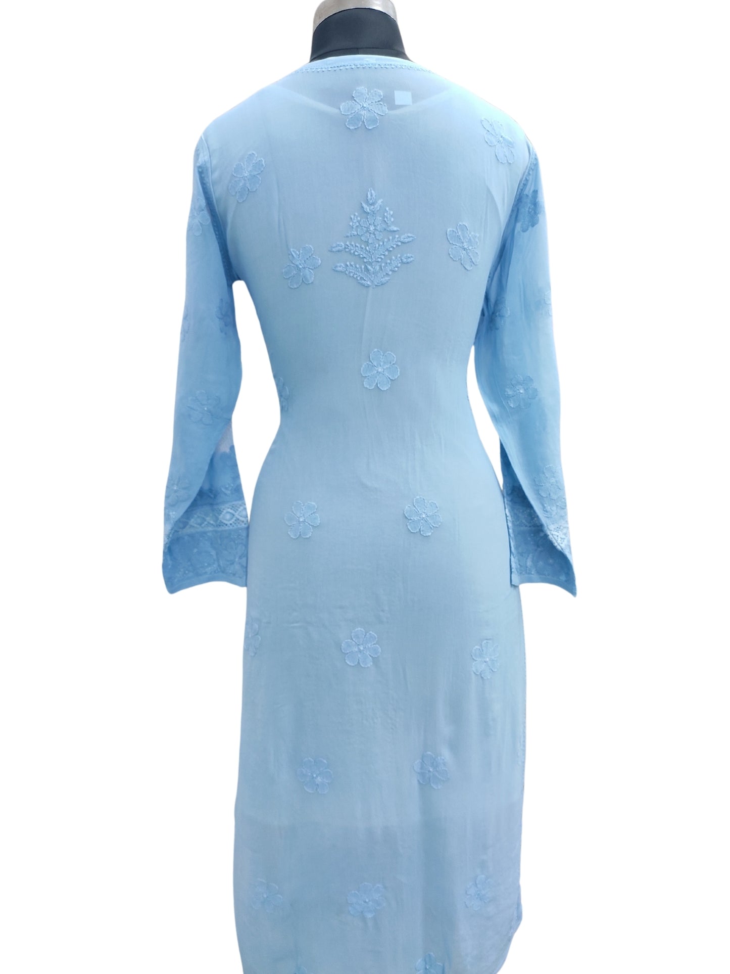 Shyamal Chikan Hand Embroidered Blue Viscose Georgette Lucknowi Chikankari Kurti With Crosia Work  - 23852