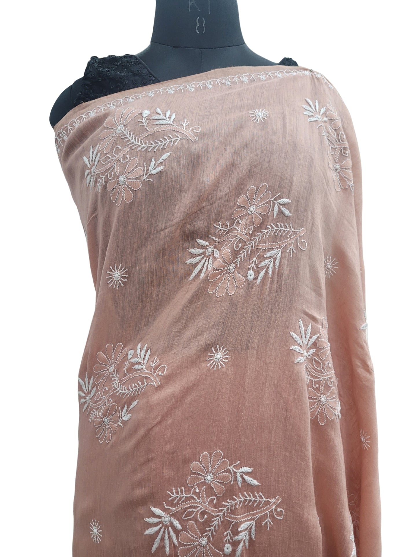 Shyamal Chikan Hand Embroidered Peach Pure Lenin Lucknowi Chikankari Saree With Blouse Piece- S24059