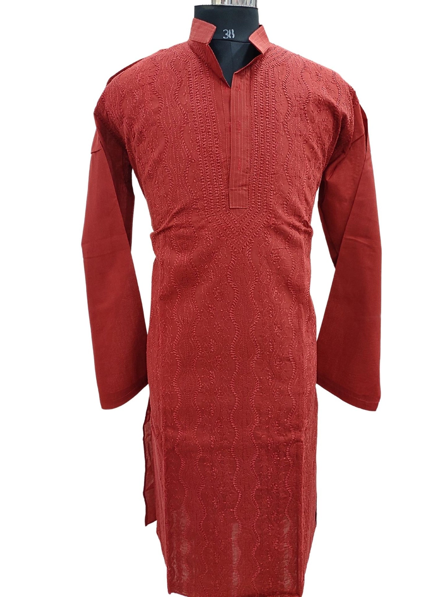 Shyamal Chikan Hand Embroidered Mehroon Cotton Lucknowi Chikankari Men's Kurta –S1681