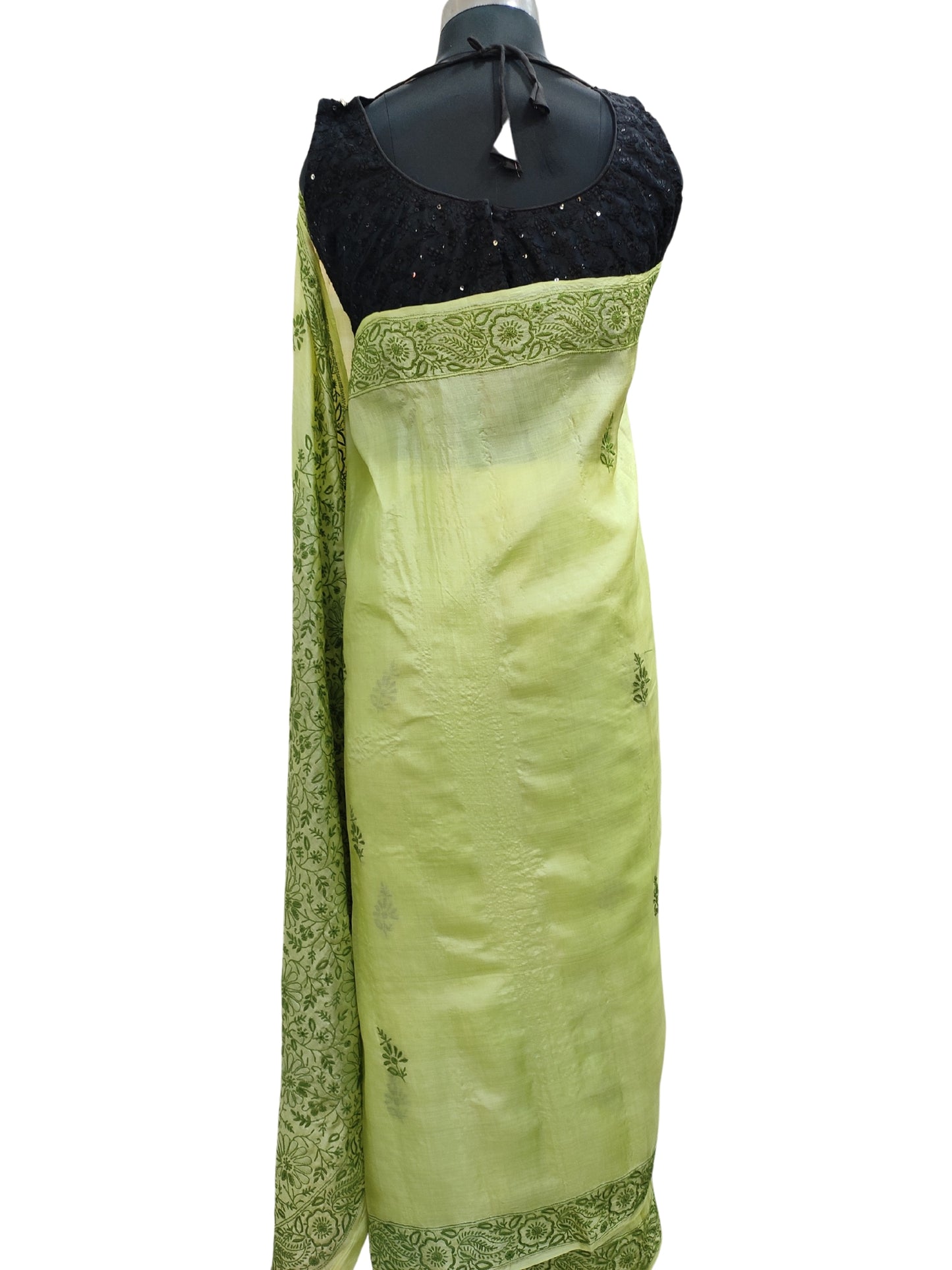 Shyamal Chikan Hand Embroidered Green Tusser Silk Lucknowi Chikankari Saree With Blouse Piece- S22473