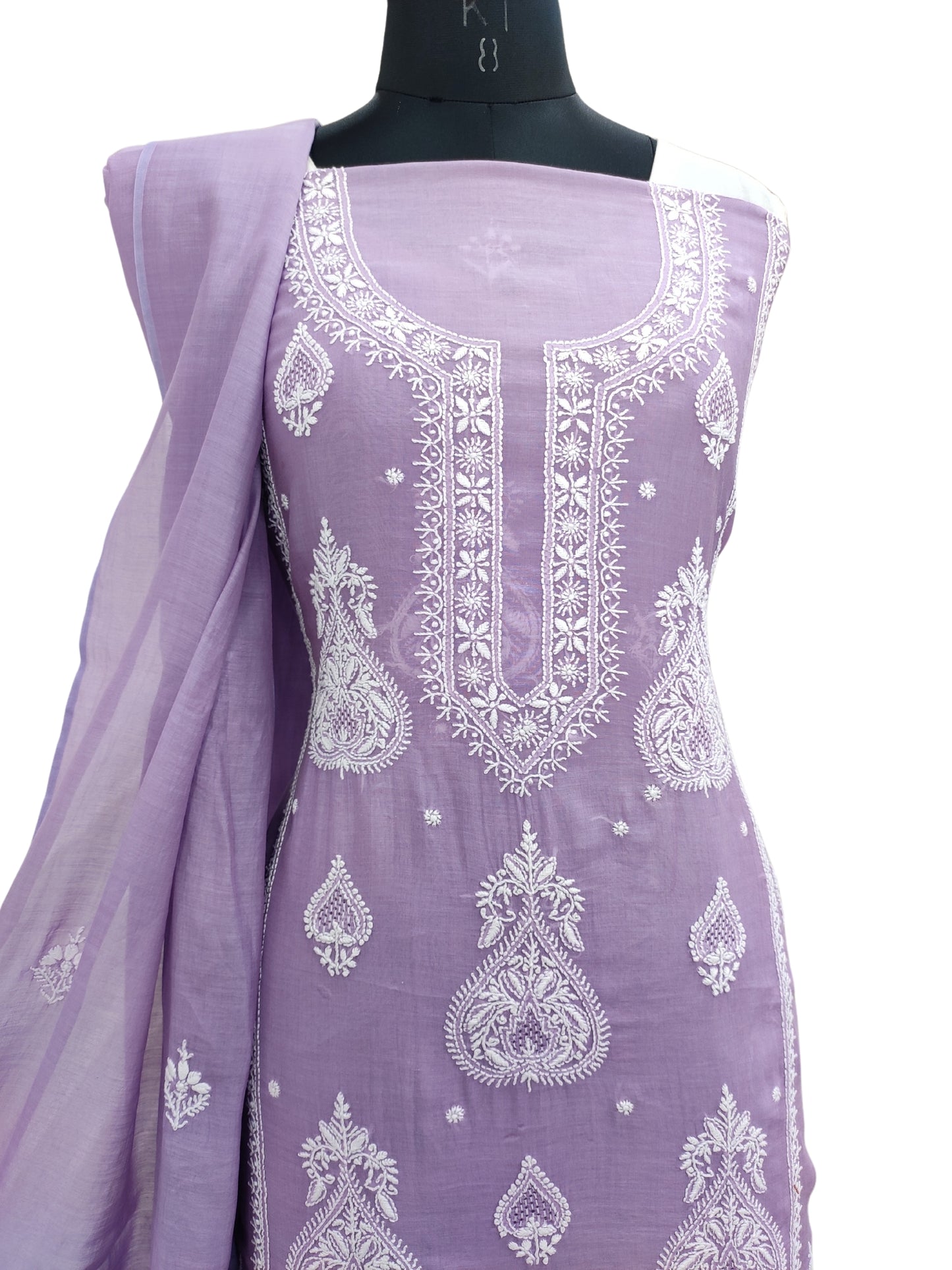 Shyamal Chikan Hand Embroidered Purple Mul Chanderi Lucknowi Chikankari Unstitched Suit Piece With Jaali Work (Kurta Dupatta Set) - S22874