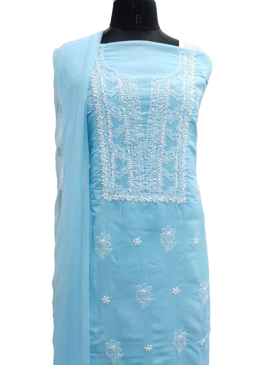 Shyamal Chikan Hand Embroidered Blue Cotton Lucknowi Chikankari Unstitched Suit Piece - S26696