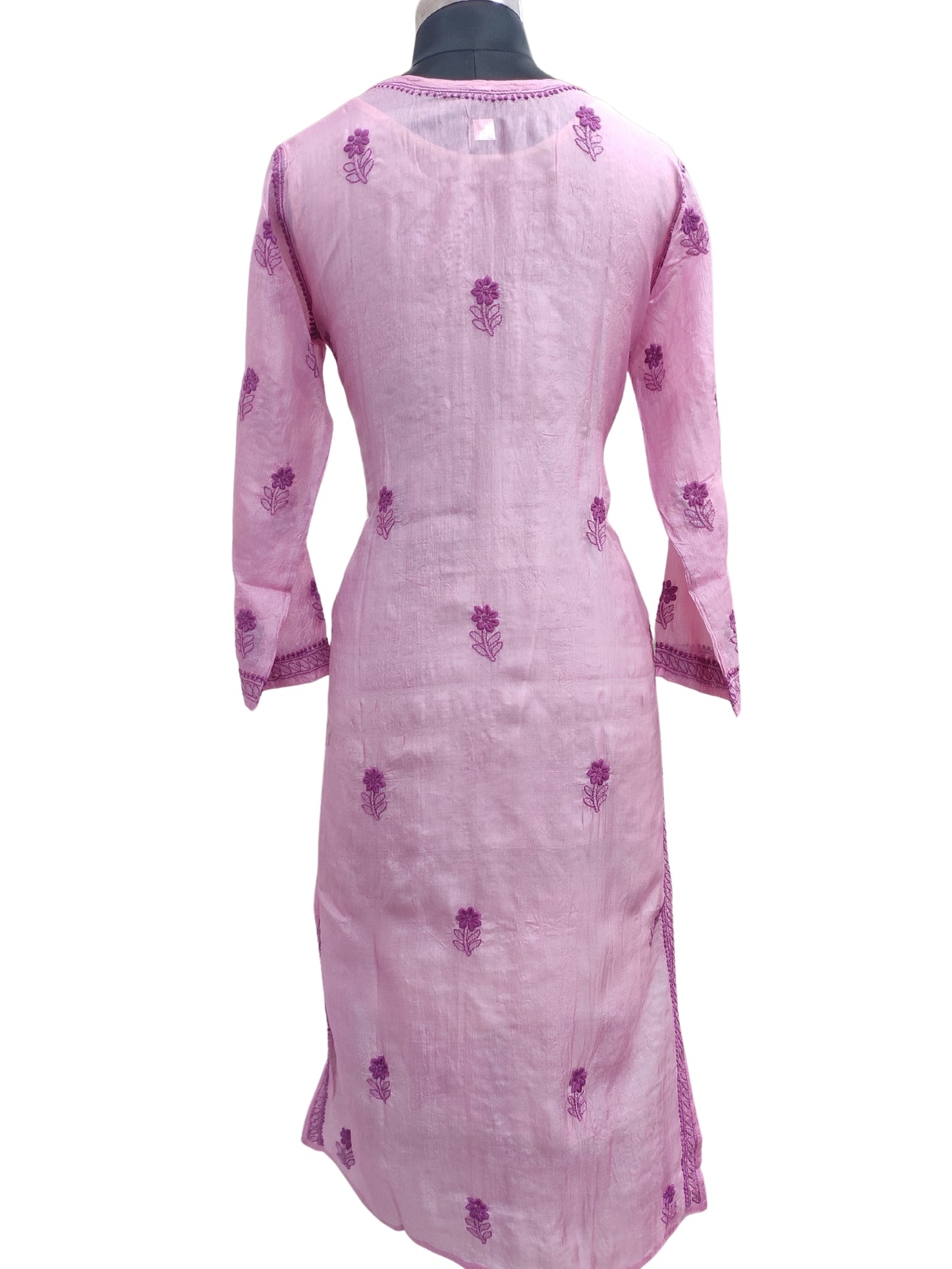 Shyamal Chikan Hand Embroidered Purple Pure Tusser Silk Lucknowi Chikankari Kurti- S24401