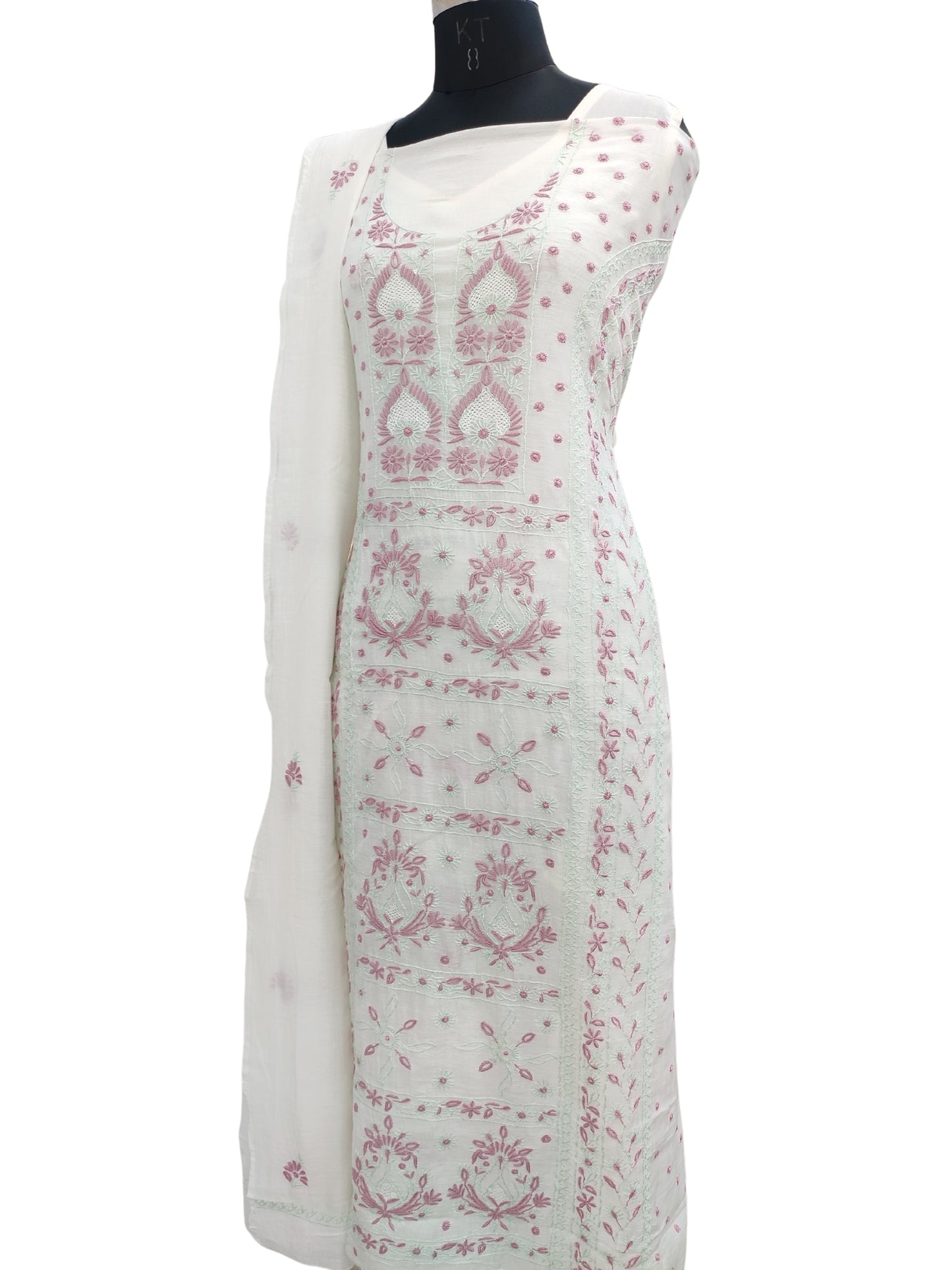 Shyamal Chikan Hand Embroidered White Mul Chanderi Lucknowi Chikankari Unstitched Suit Piece (Kurta Dupatta Set) - S24337