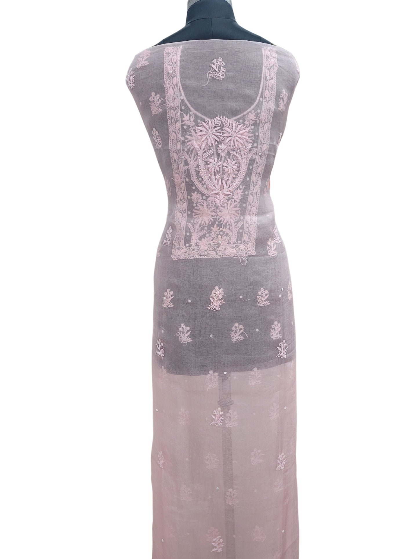 Shyamal Chikan Hand Embroidered Pink Organza Lucknowi Chikankari Unstitched Suit Piece (Kurta Dupatta Set) With Pearl and Cutdana Work - S21366