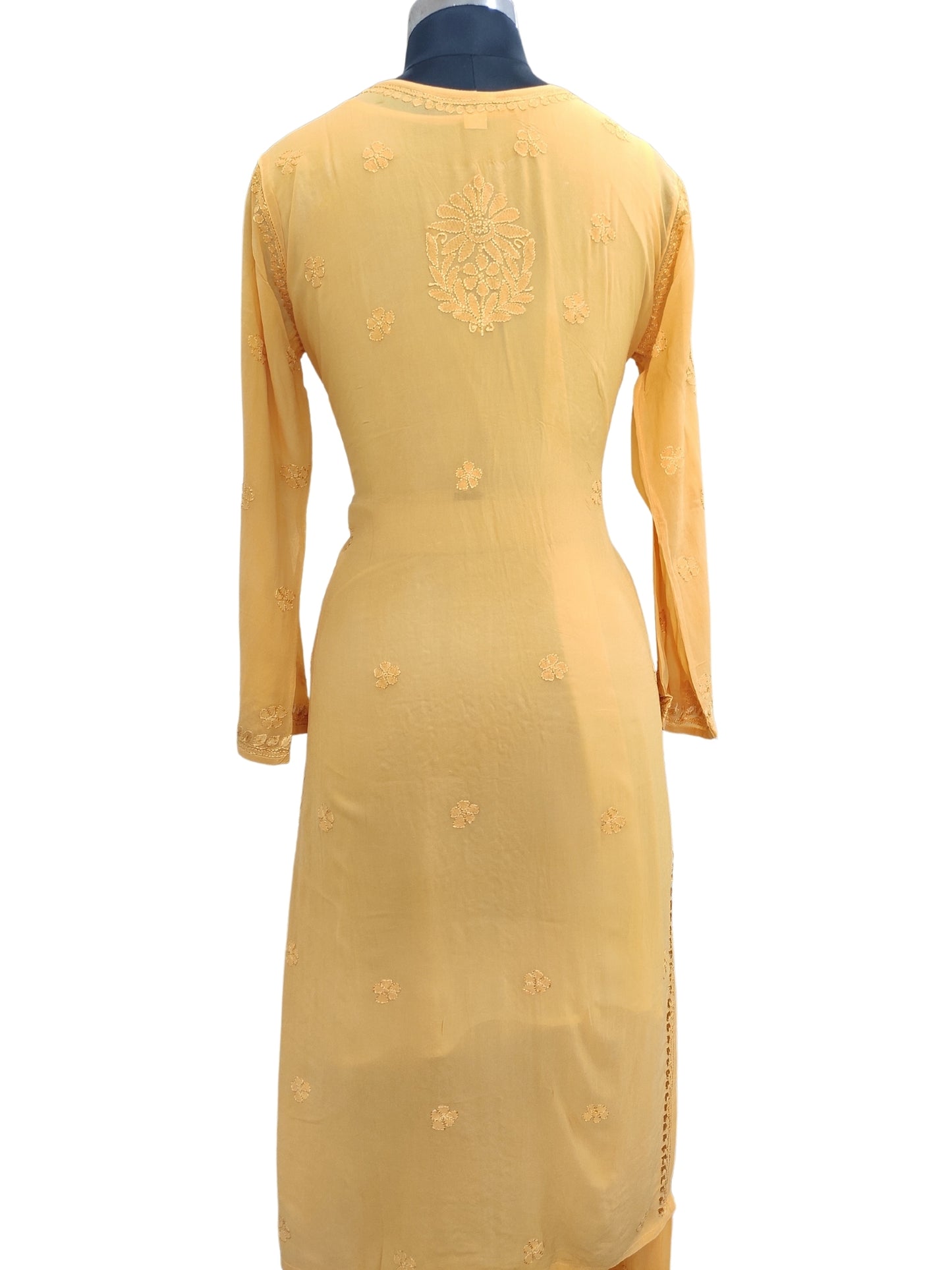 Shyamal Chikan Hand Embroidered Yellow Viscose Georgette Lucknowi Chikankari Kurta and Bottom Set - 23676