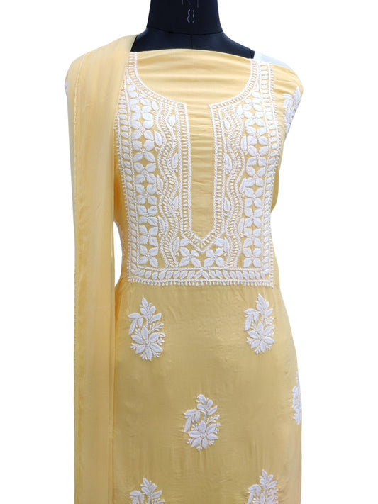 Shyamal Chikan Hand Embroidered Yellow Modal Lucknowi Chikankari Unstitched Suit Piece - S25250