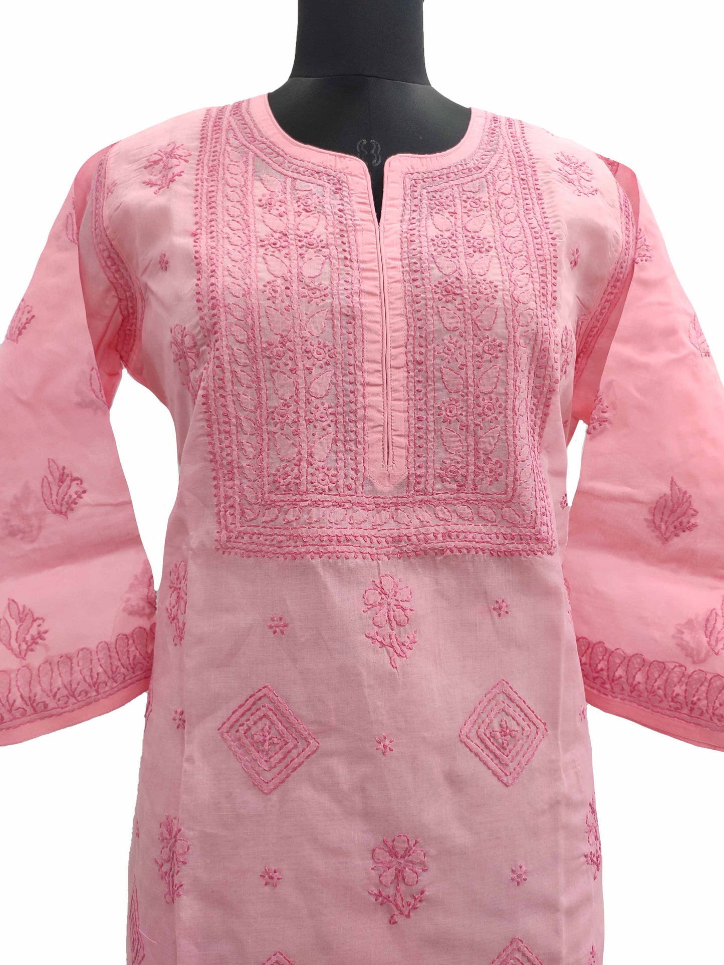 Shyamal Chikan Hand Embroidered Pink Cotton Lucknowi Chikankari Kurti- S11070