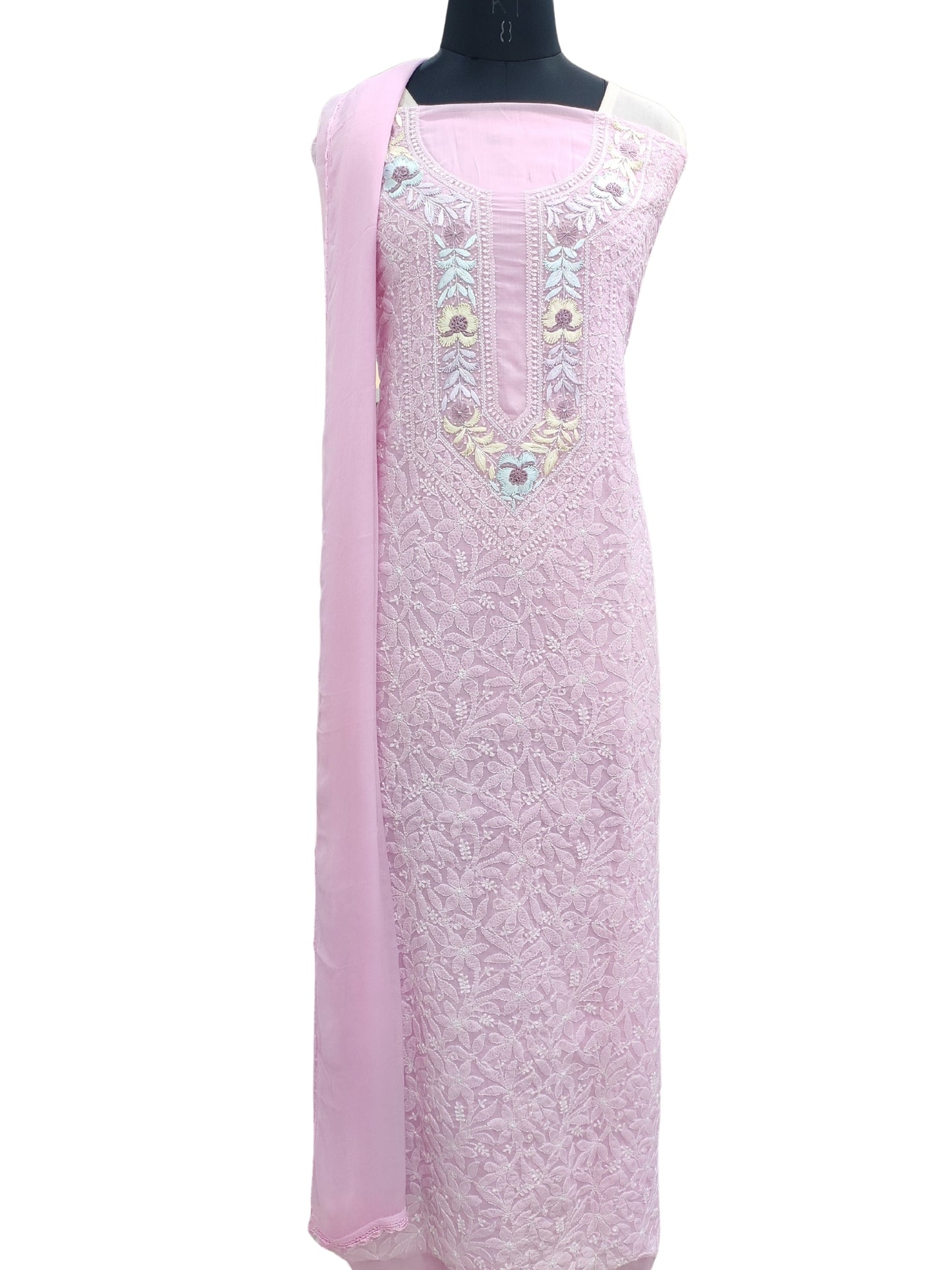 Shyamal Chikan Hand Embroidered Pink Cotton Lucknowi Chikankari Unstitched Suit Piece With Parsi Work - S21500