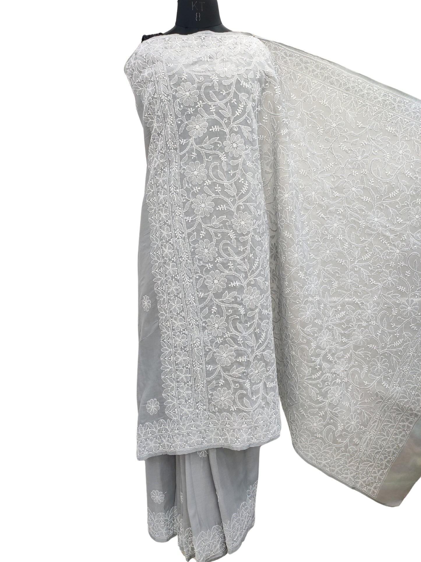 Shyamal Chikan Hand Embroidered Grey Cotton Lucknowi Chikankari Heavy Palla Saree With Blouse Piece- S22535