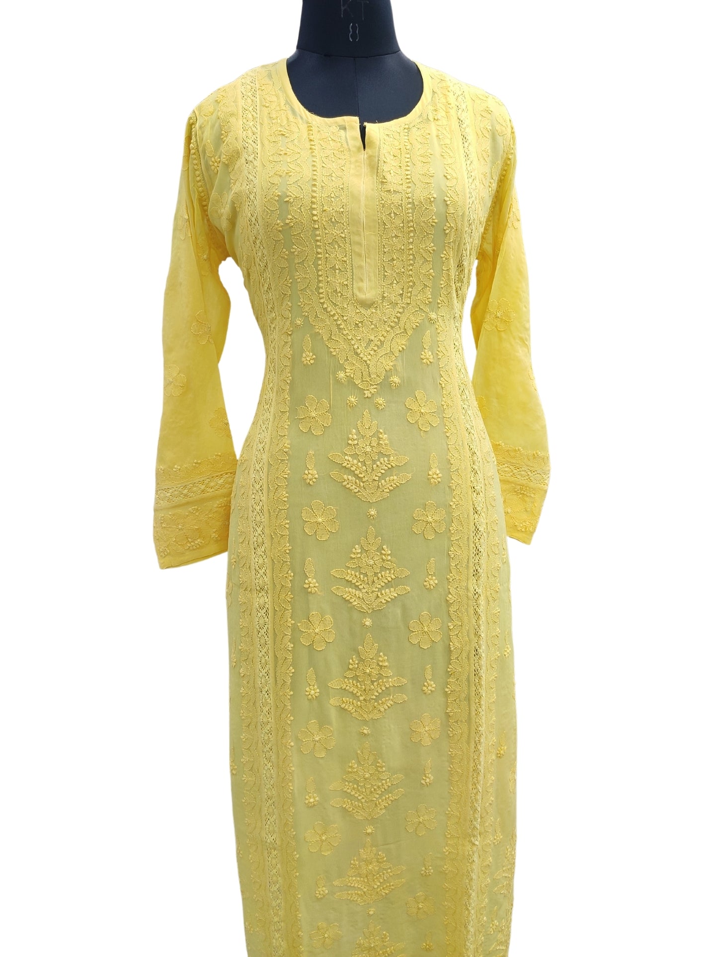 Shyamal Chikan Hand Embroidered Yellow Viscose Georgette Lucknowi Chikankari Kurti With Crosia Work  - 23857