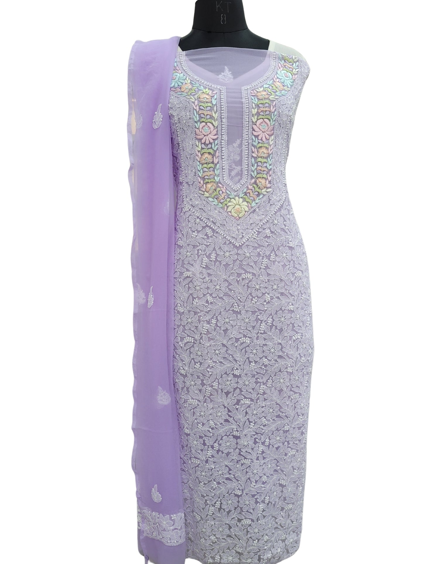 Shyamal Chikan Hand Embroidered Purple Georgette Lucknowi Chikankari Unstitched Suit Piece With Parsi Work - S24386