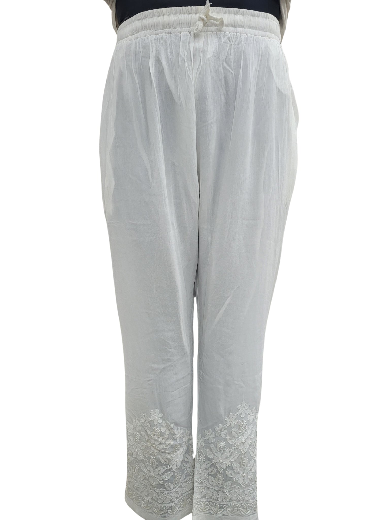 Shyamal Chikan Hand Embroidered White Viscose Georgette Lucknowi Chikankari Women's Pant - S24639