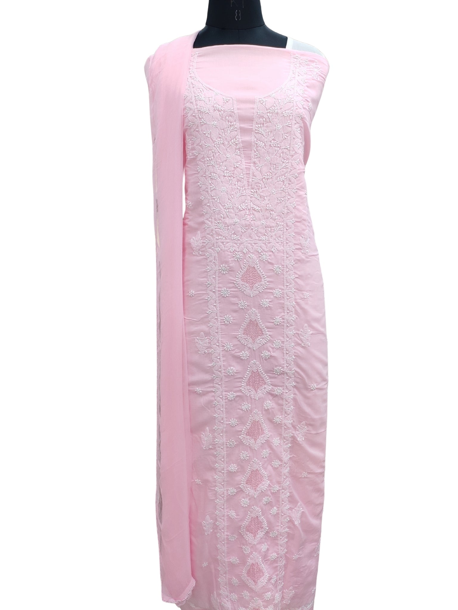 Shyamal Chikan Hand Embroidered Pink Cotton Lucknowi Chikankari Unstitched Suit Piece With Jaali Work - S25039