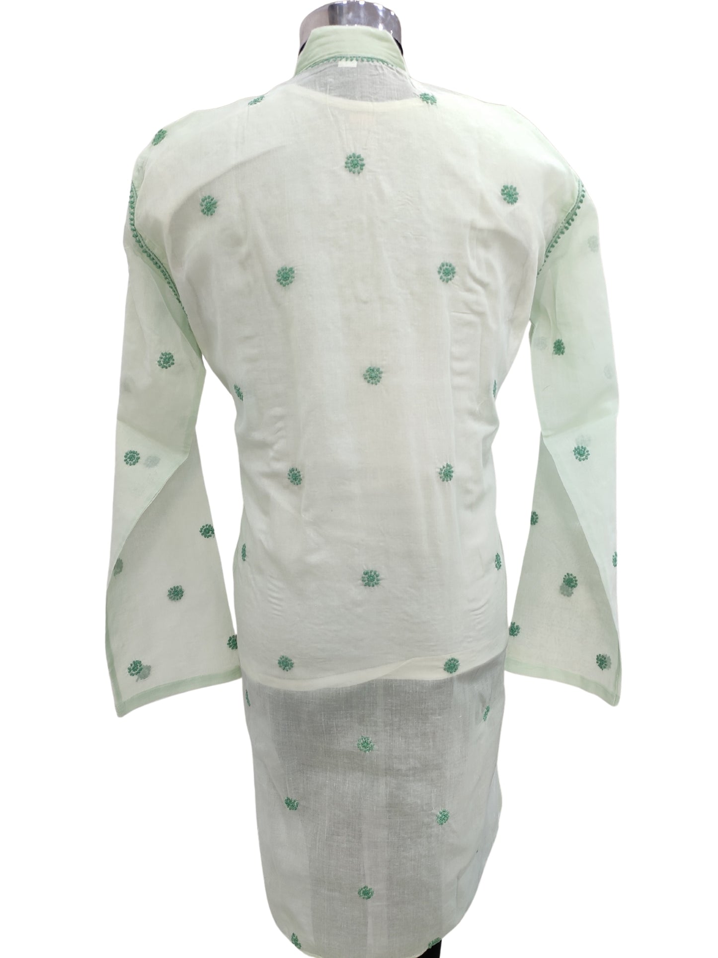 Shyamal Chikan Hand Embroidered Green Cotton Lucknowi Chikankari Men's Kurta With Daraz Work S23453