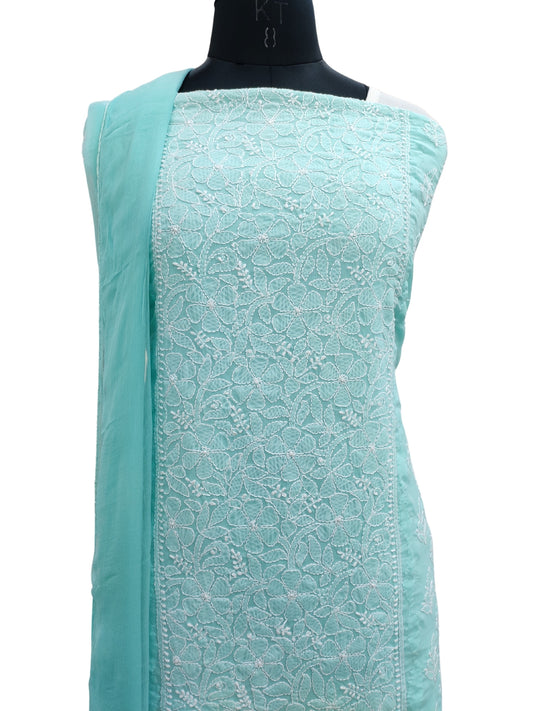 Shyamal Chikan Hand Embroidered Sea Green Cotton Lucknowi Chikankari Unstitched Suit Piece With Daraz Work- S22227