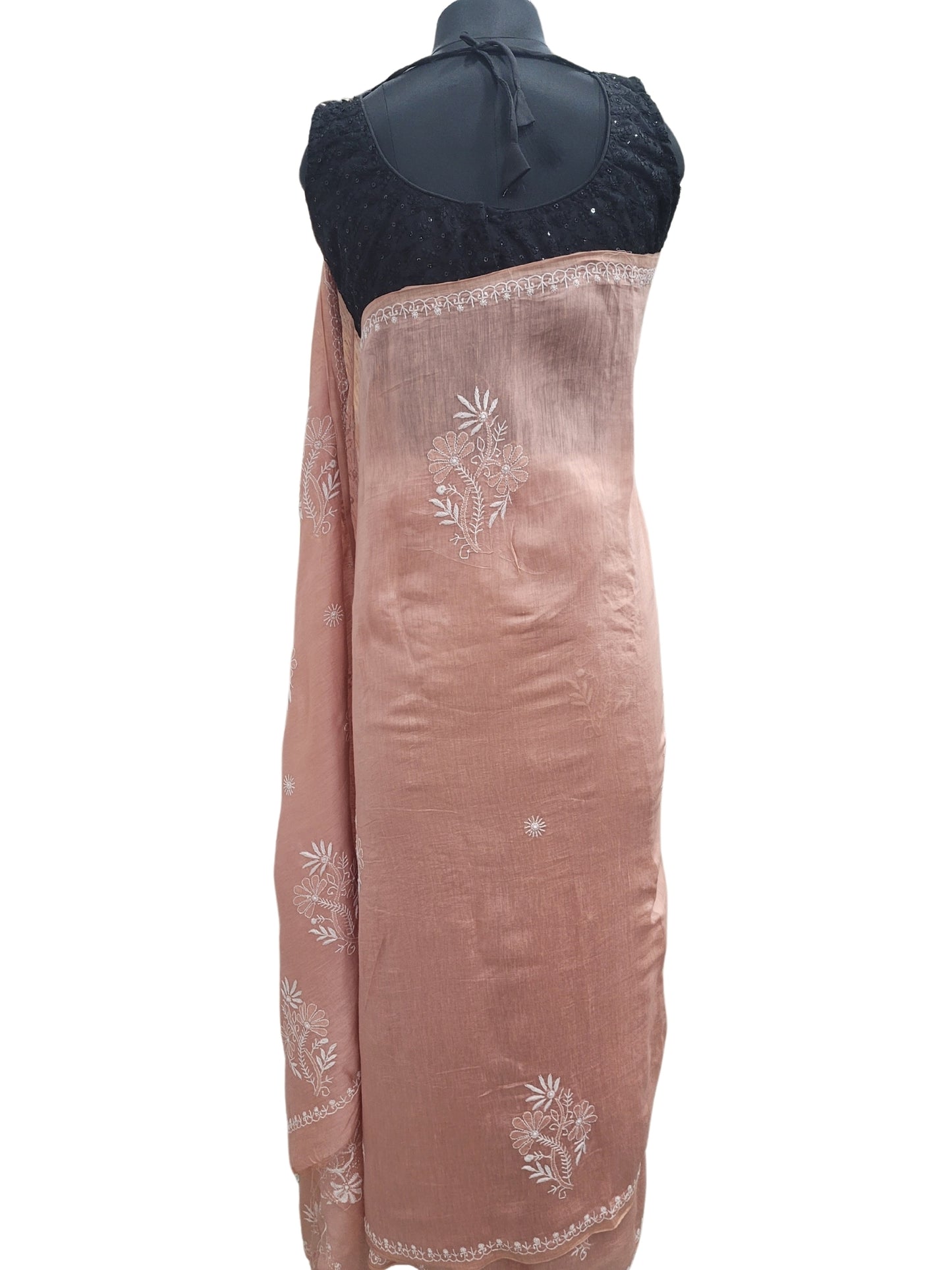 Shyamal Chikan Hand Embroidered Peach Pure Lenin Lucknowi Chikankari Saree With Blouse Piece- S24059