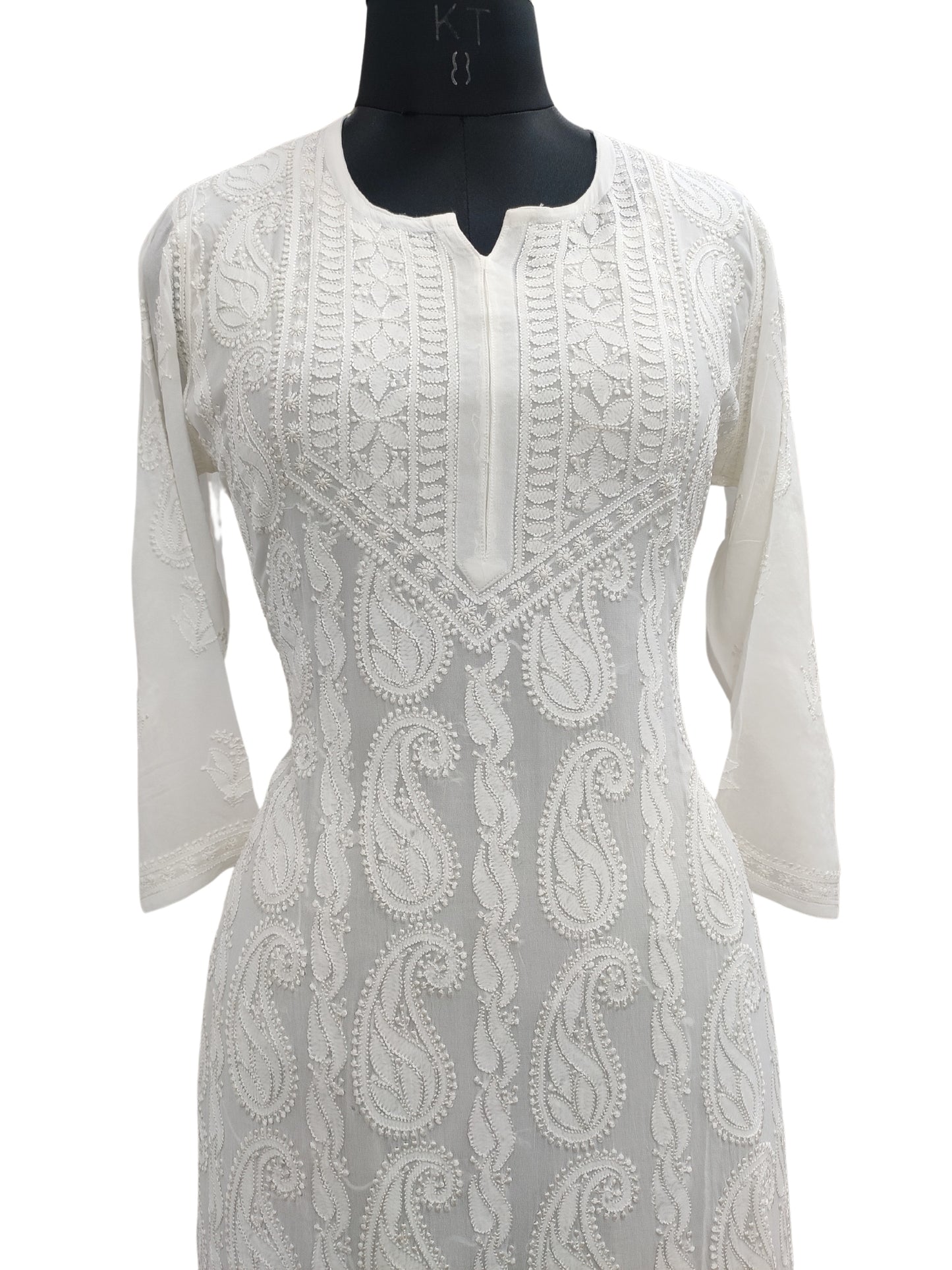 Shyamal Chikan Hand Embroidered White Viscose Georgette Lucknowi Chikankari Kurti - S24274