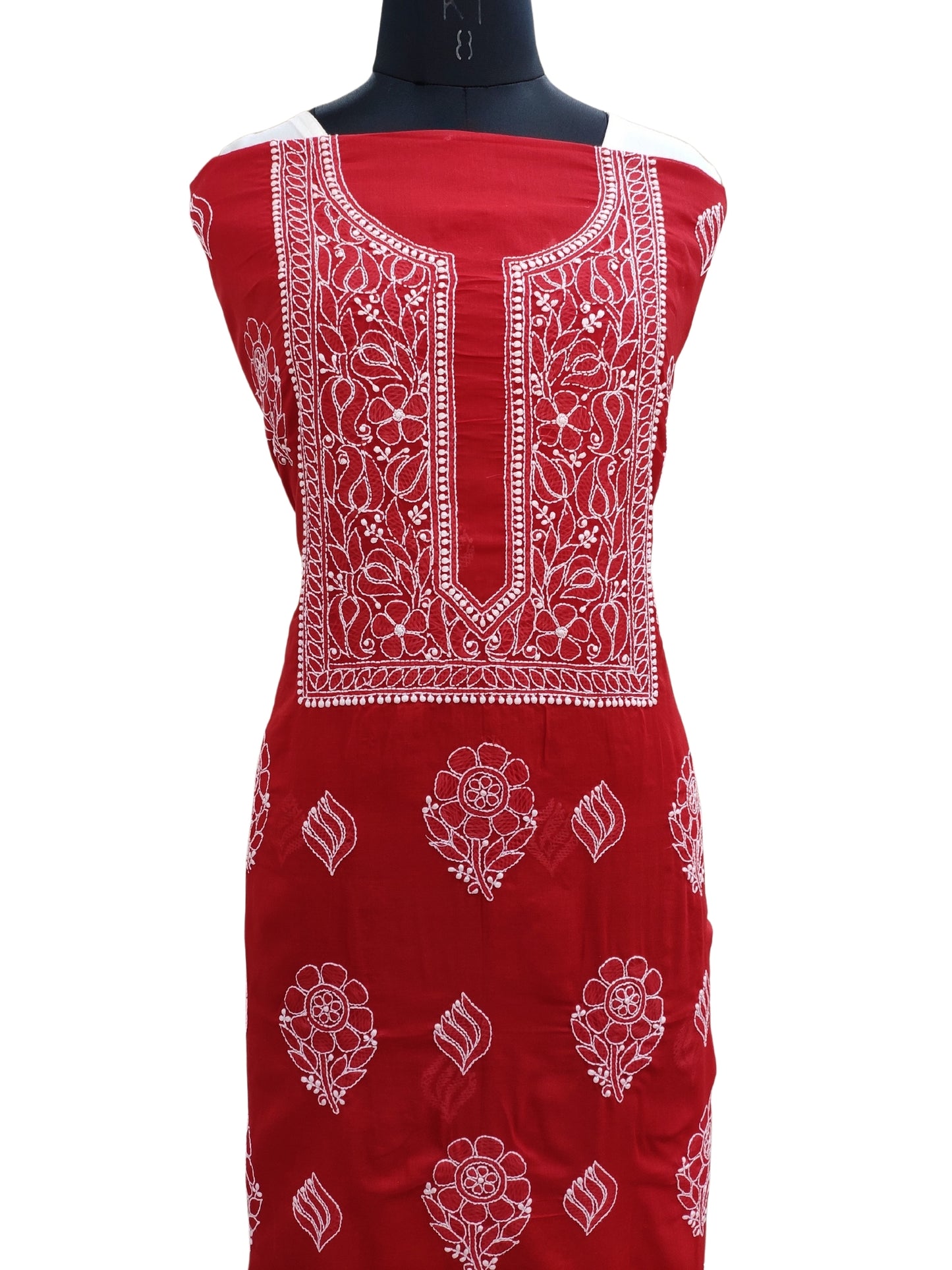 Shyamal Chikan Hand Embroidered Red Cotton Lucknowi Chikankari Unstitched Kurta Piece - S25315