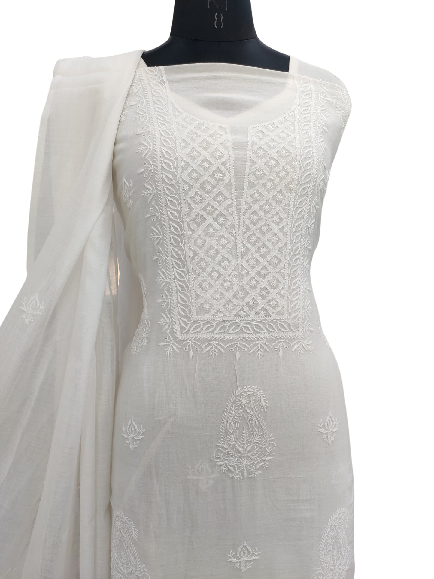 Shyamal Chikan Hand Embroidered White Mul Chanderi Lucknowi Chikankari Unstitched Suit Piece (Kurta Dupatta Set) - 23684