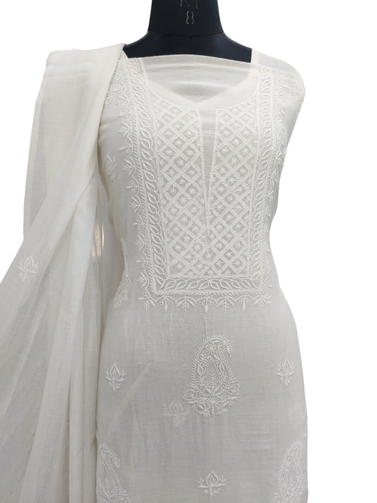 Shyamal Chikan Hand Embroidered White Mul Chanderi Lucknowi Chikankari Unstitched Suit Piece (Kurta Dupatta Set) - S23684