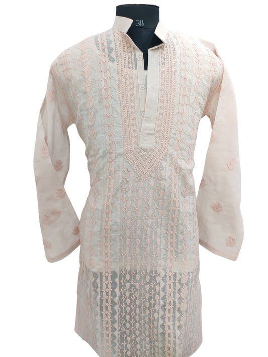 Shyamal Chikan Hand Embroidered Peach Cotton Lucknowi Chikankari Men's Kurta With Daraz Work S23430