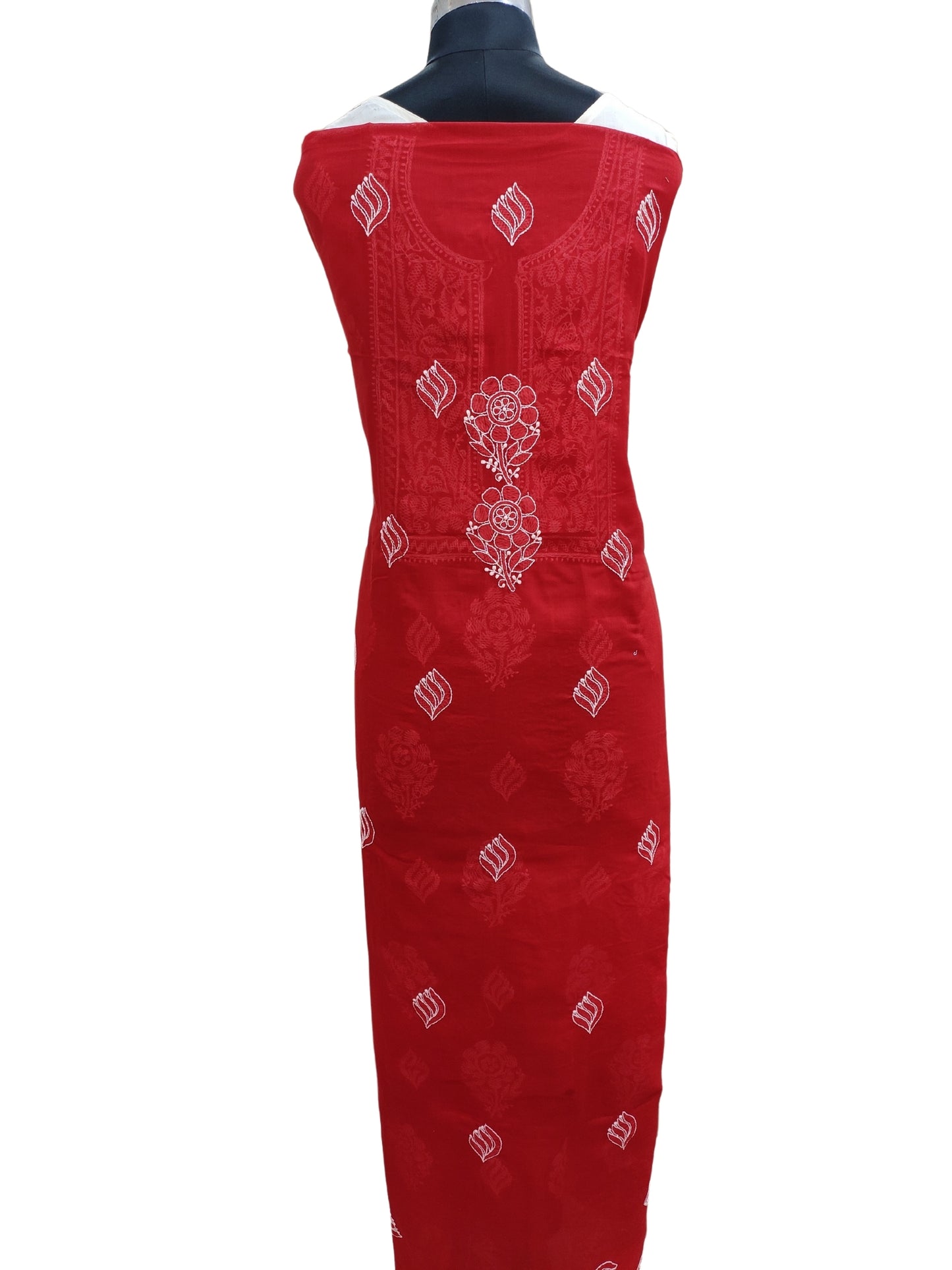 Shyamal Chikan Hand Embroidered Red Cotton Lucknowi Chikankari Unstitched Kurta Piece - S25315