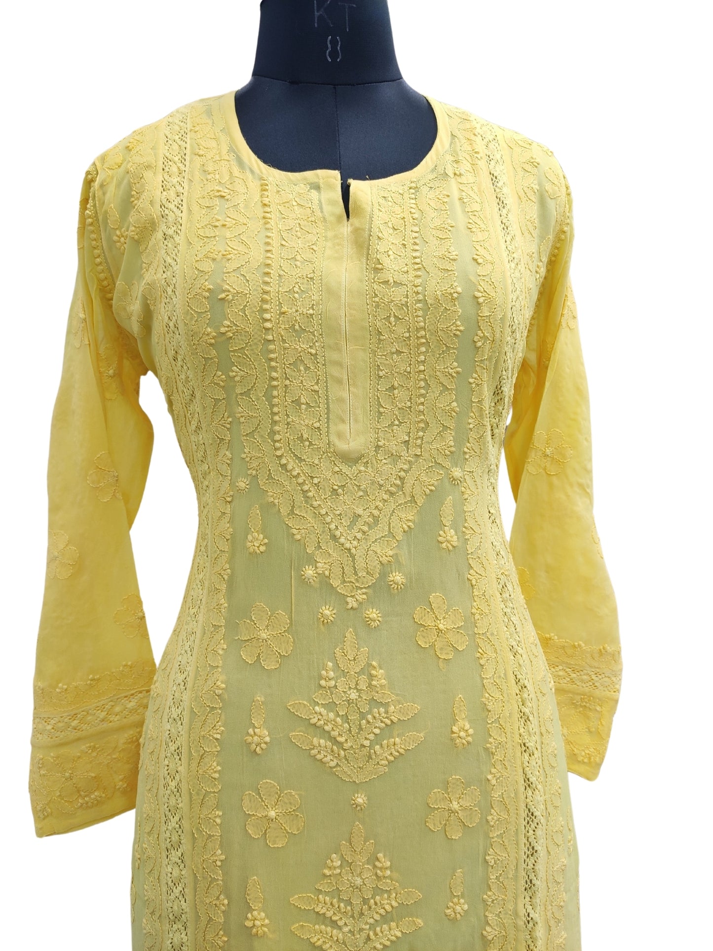 Shyamal Chikan Hand Embroidered Yellow Viscose Georgette Lucknowi Chikankari Kurti With Crosia Work  - 23857