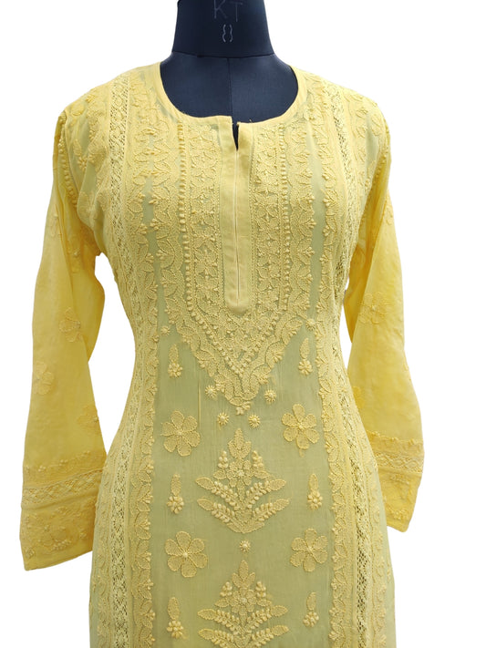 Shyamal Chikan Hand Embroidered Yellow Viscose Georgette Lucknowi Chikankari Kurti With Crosia Work  - 23857