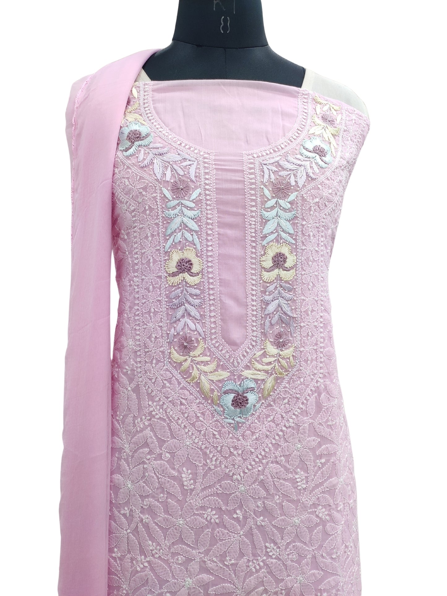 Shyamal Chikan Hand Embroidered Pink Cotton Lucknowi Chikankari Unstitched Suit Piece With Parsi Work - S21500