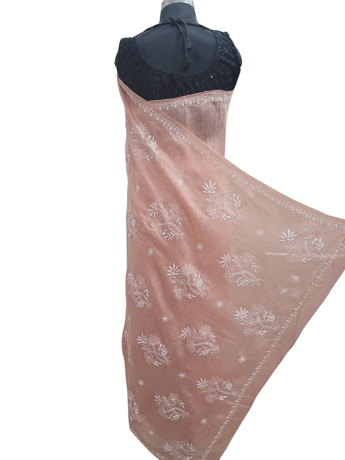 Shyamal Chikan Hand Embroidered Peach Pure Lenin Lucknowi Chikankari Saree With Blouse Piece- S24059